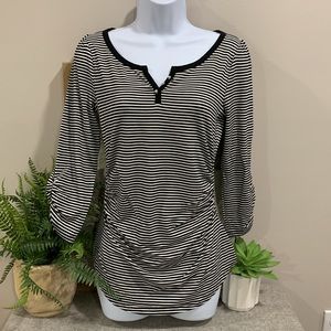 WHBM Black & White Ruched 3/4 Sleeve Top NEW